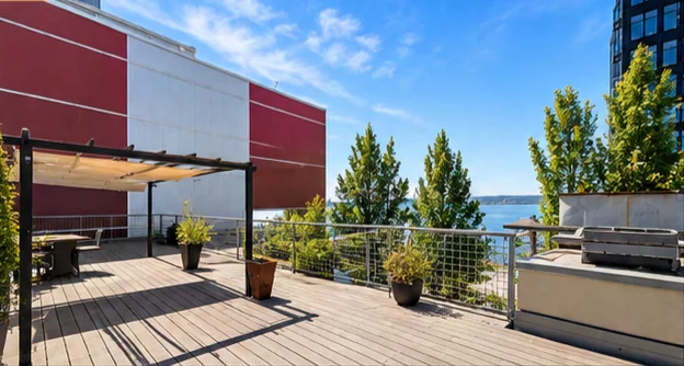 Rooftop deck with pergola overlooking Elliott Bay.